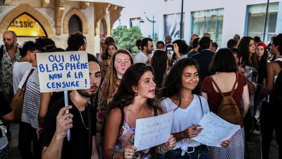 Lebanese activists supporters of Mashrou' Leila band carry placards during a protest in solidarity with the Lebanese band Mashrou' Leila after the band;s concert was cancelled at the Byblos International Festival. EPA