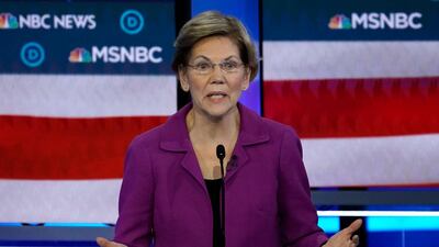 Senator Elizabeth Warren speaks at the ninth Democratic 2020 U.S. Presidential candidates debate at the Paris Theater in Las Vegas, Nevada, U.S., February 19, 2020. REUTERS/Mike Blake