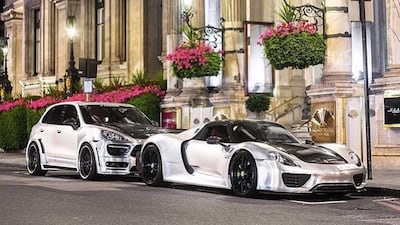 Brushed Chrome Porsche 918 Spyder & Brushed Chrome Porsche Cayenne Hamann in London Done by #FoilX. Courtesy FoilX