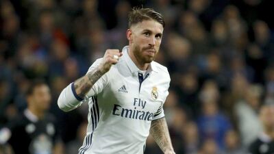 Real Madrid's Sergio Ramos celebrates after scoring the winner on Saturday night against Deportivo La Coruna. Juanjo Martin / EPA / December 10, 2016