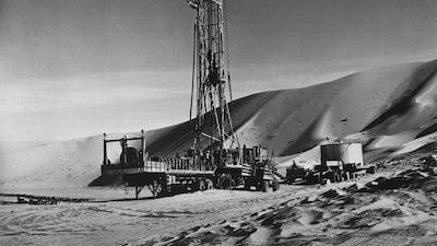 An Arabian-American Oil Company drilling rig at Rub' al Khali in the Arabian Peninsula, Saudi Arabia, circa 1955. The Arabian-American Oil Company became known as Aramco and then Saudi Aramco. Photo: Getty Images