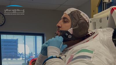 Astronauts-in-training wear these heavy suits and perform tasks in a pool filled with 2.3 million litres of water at the Neutral Buoyancy Laboratory.