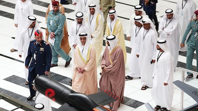 Sheikh Saif bin Zayed, Minister of Interior and Deputy Prime Minister of the UAE (centre left) during the opening ceremony of the UMEX held at ADNEC in Abu Dhabi. Pawan Singh / The National