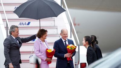 German Chancellor Olaf Scholz and his wife Britta Ernst arrive in Hiroshima. Reuters