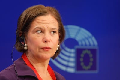 Sinn Fein party president Mary Lou McDonald attends a news conference at the European Parliament in Brussels this month. EPA