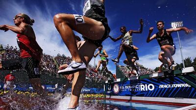 A general view in the Men’s 3000 Meter Steeplechase during the 2016 US Olympic Track & Field Team Trials at Hayward Field. Patrick Smith / Getty Images / AFP