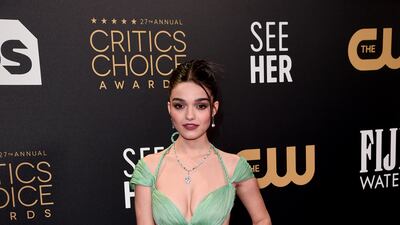 Rachel Zegler wears a jade green dress by Dior Haute Couture. Getty Images