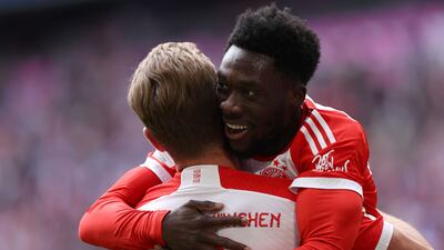 Bayern Munich's Harry Kane celebrates with teammate Alphonso Davies after scoring the second goal. EPA