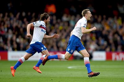 Stoke City's Darren Fletcher, right, celebrates scoring the only goal of the game. Daniel Hambury / AP Photo