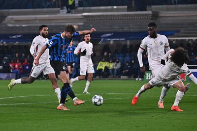 Charles De Ketelaere scores Atalanta's second goal in a 2-1 win against Chelsea. EPA