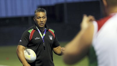 Apollo Perelini takes training at the Jebel Ali Rugby Grounds in Dubai ahead of the UAE's game against Guam. Satish Kumar / The National