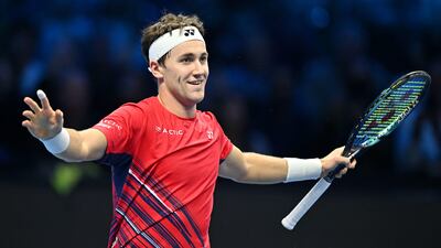 Casper Ruud celebrates beating Andrey Rublev in the semi-finals of the ATP Finals at the Pala Alpitour arena in Turin, Italy. EPA
