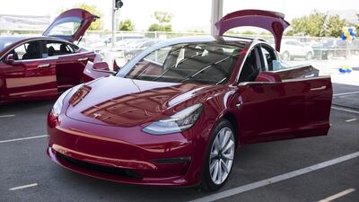 A Tesla Inc. Model 3 electric vehicle is displayed during the California Air Resources Board (CARB) 50th Anniversary Technology Symposium and Showcase in Riverside, California, U.S., on Thursday, May 17, 2018. The symposium highlights CARB's history of clean air leadership that has driven innovative solutions and made monumental improvements to Southern California's air quality. Photographer: Dania Maxwell/Bloomberg
