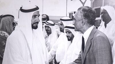 City planner Dr Makhlouf joined the UAE’s founding father, Sheikh Zayed, in the Sea Palace in 1974 where they drew up the design for the city grid and named the main streets. Photo: National Centre for Documentation and Research