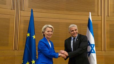 EC President Ursula von der Leyen and Israeli Foreign Minister Yair Lapid at the Knesset building in Jerusalem. AFP