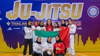 The UAE women’s team with their medals from the Thailand GP. Photo: UAEJJF