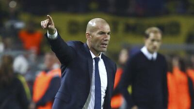 Real Madrid manager Zinedine Zidane reacts during their match against Borussia Dortmund in the Champions League on Tuesday night. Kai Pfaffenbach / Reuters / September 27, 2016