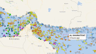 The Al Kharaitiyat appears to have sailed through the strait. Photo: VesselFinder.com