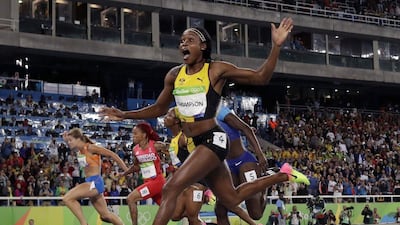 Jamaica’s Elaine Thompson celebrates after winning gold in the women’s 100m final during the athletics competitions of the 2016 Summer Olympics at the Olympic stadium in Rio de Janeiro, Brazil, Saturday, August 13, 2016. Matt Slocum / AP Photo