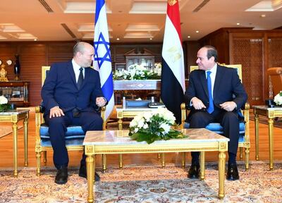 Egypt's President Abdel Fattah El Sisi and Israeli Prime Minister Naftali Bennett during their meeting at Egyptian resort town Sharm El Sheikh. Reuters
