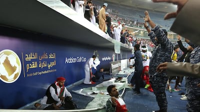 An injured fan awaits treatment after a glass barrier broke at the end of the Gulf Cup of Nations Final match between Oman and UAE at Jaber Al-Ahmad International Stadium, Kuwait City, Kuwait, 05 January 2018. Oman won 5-4 in penalty shootouts. Noufal Ibrahim / EPA