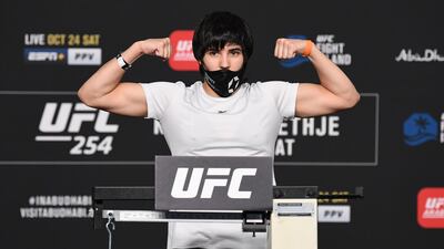 Liliya Shakirova on the scales at the weigh-in ahead of her UFC 254 bout against Lauren Murphy. Josh Hedges / Zuffa LLC / UFC