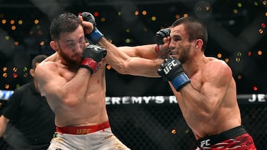 Umar Nurmagomedov, right, caused UFC bantamweight champion Merab Dvalishvili plenty of problems earlier on during their bout at UFC 311 in California in January 2025. Getty Images