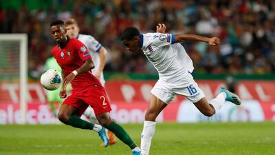 Luxembourg's Leandro Barreiro Martins, right, challenges for the ball with Portugal's Nelson Semedo during the Euro 2020 group B qualifying soccer match between Portugal and Luxembourg at the Jose Alvalade stadium in Lisbon. AP Photo