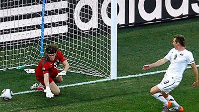 New Zealand's Shane Smeltz stuns Italy with the opening goal in Nelspruit yesterday.