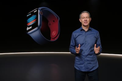 Jeff Williams, Apple's chief operating officer, unveils Apple Watch Series 6. AP
