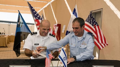 Israel's Brigadier General Zvika Haimovich, right, and US Major General John L Gronski sign an agreement during a ceremony at the joint Bislach Air Base, near Mitzpe Ramon in southern Israel, on September 18, 2017. Tsafrir Abayov / AP