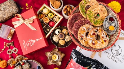 The karwa chauth hamper from Ornamental Mithai includes rose, pistachio and saffron mathris. Photo: Ornamental Mithai