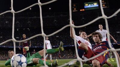 Barcelona's Sergi Roberto scores the equaliser in the 80th minute against Bayer Leverkusen on Tuesday night in the Champions League to make it 1-1. Lluis Gene / AFP