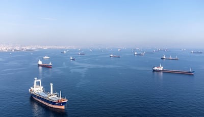 Commercial vessels including those part of Black Sea grain deal wait to pass the Bosphorus strait off the shores of Yenikapi in Istanbul, Turkey, in October 2022. Reuters