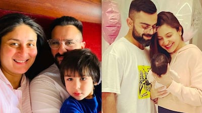 Kareena Kapoor and Saif Ali Khan, left, have welcomed a baby boy; Anushka Sharma and Virat Kohli are new parents to a baby girl, Vamika. Instagram