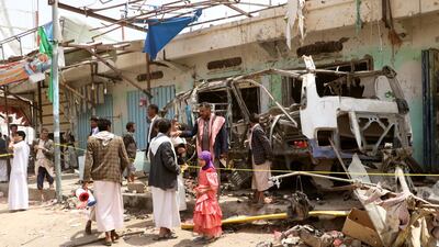 The wreckage of the bus that was allegedly hit by an air strike in Yemen's Saada province. Reuters