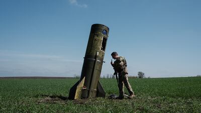 A Russian ballistic missile's booster stage that fell in a field in Bohodarove, eastern Ukraine. AFP