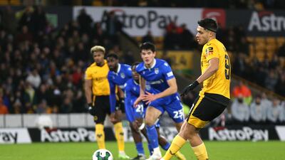 Raul Jimenez scores Wolves' first goal from the penalty spot during their 2-0 League Cup victory over Gillingham at Molineux. PA