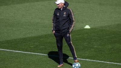 Real Madrid manager Zinedine Zidane attends training at the Valdebebas sport city on Friday. EPA