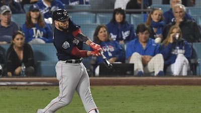 Boston Red Sox first baseman Steve Pearce hits a solo home run. Reuters