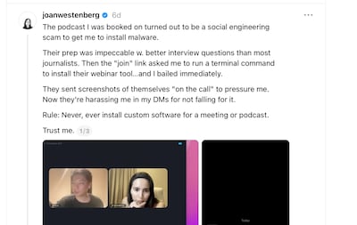Technology, culture and philosophy writer Joan Westenberg recently detailed a social engineering attempt disguised as a podcast. Photo: Threads