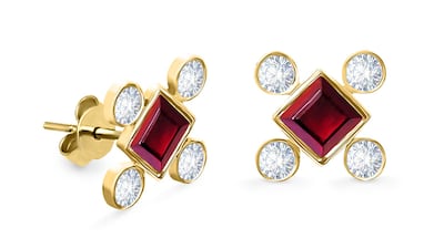 Aquae Jewels' stud earrings feature white diamonds framing a square ruby. Courtesy Aquae Jewels