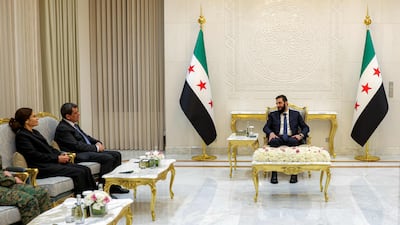 Syria's President Ahmad Al Shara, right, attends a meeting with Mazloum Abdi, leader of the SDF, at the People's Palace in Damascus, in August 2026. AFP
