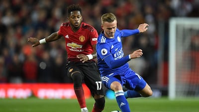 Manchester United's Fred challenges Leicester City's James Maddison. AFP