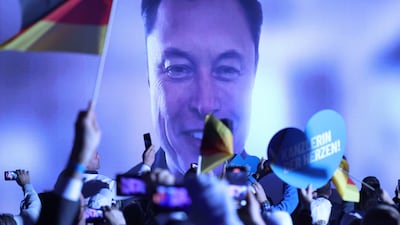 Elon Musk speaks by video transmission during the election campaign launch rally of the far-right Alternative for Germany political party on January 25. Getty