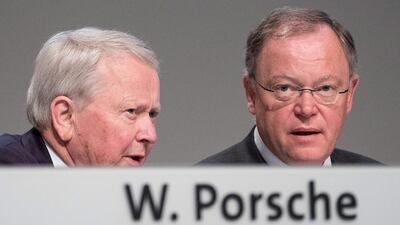 The VW supervisory board member Wolfgang Porsche (L) and Lower-Saxony state governor Stephan Weil (R) at VW's AGM held at the Deutsche Messe AG Exhibition Grounds in Hanover, Germany. Peter Steffen/EPA