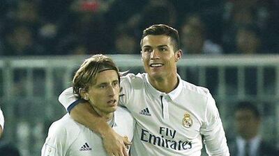 Real Madrid’s Cristiano Ronaldo celebrates scoring their fourth goal with Luka Modric. Kim Kyung-hoon / Reutersc
