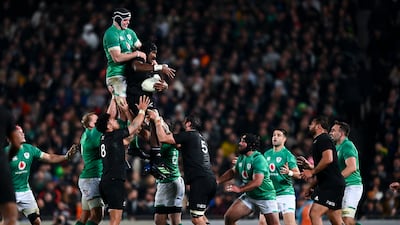 Pita Gus Sowakula wins a lineout for New Zealand against Ireland at Eden Park. Getty