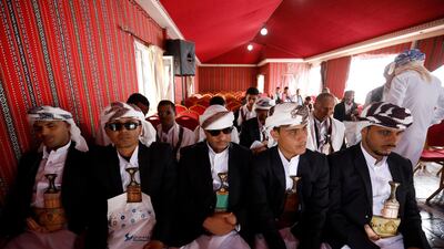 Visually impaired Yemeni grooms attend a wedding ceremony in Sanaa. EPA