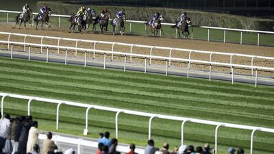 Lytham St Annes, in yellow, ridden by Pat Dobbs, wins the Azizi Farishta at a race at Meydan Racecourse in Dubai on Thursday night.